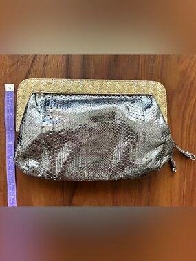 J.CREW Silver Embossed Leather Woven Rattan Clutch Purse Evening Bag Fabulous!